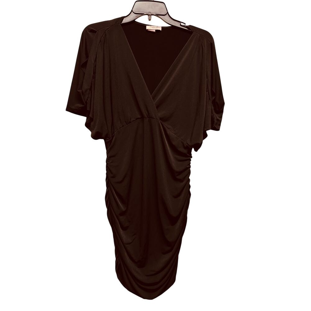 Fashion Love Women's V-Neck Black Dress Ruffled Sides Size 1XL